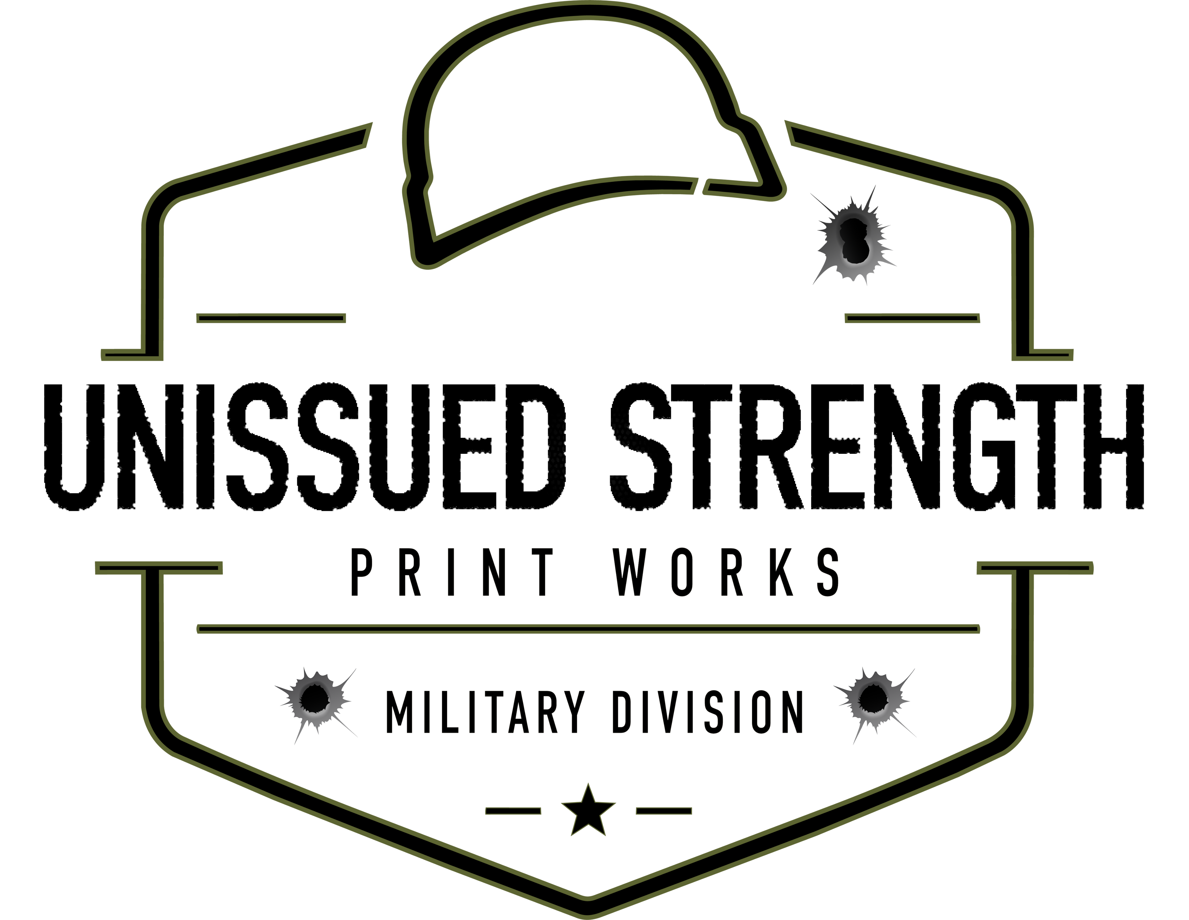 A black and white graphic design featuring a military-themed badge outline with a helmet silhouette, bullet holes, and the text 'UNISSUED STRENGTH PRINT WORKS' and 'MILITARY DIVISION'.