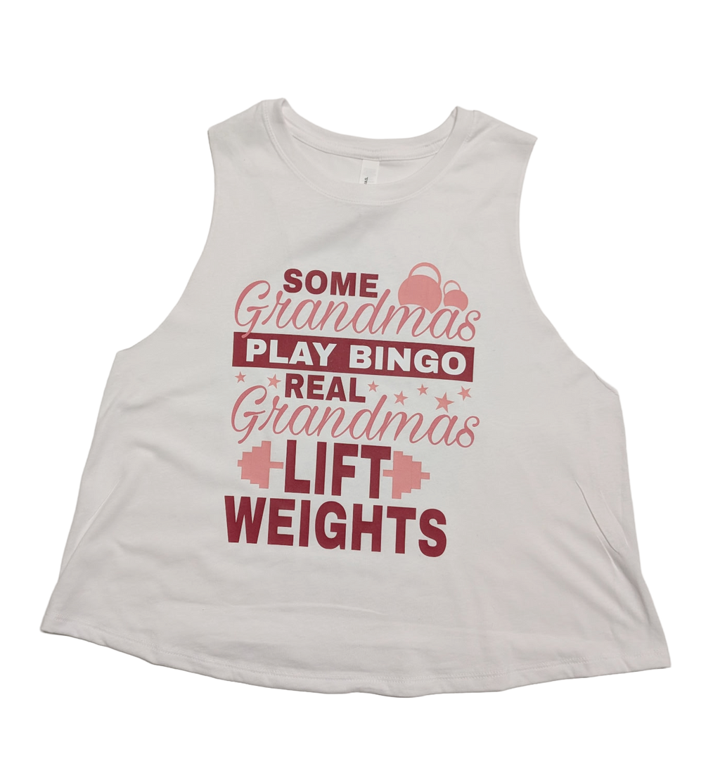 JAB “Grandmas Lift Weights” Cropped Tank – White
